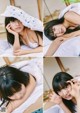 A collage of photos of a woman laying on a bed.