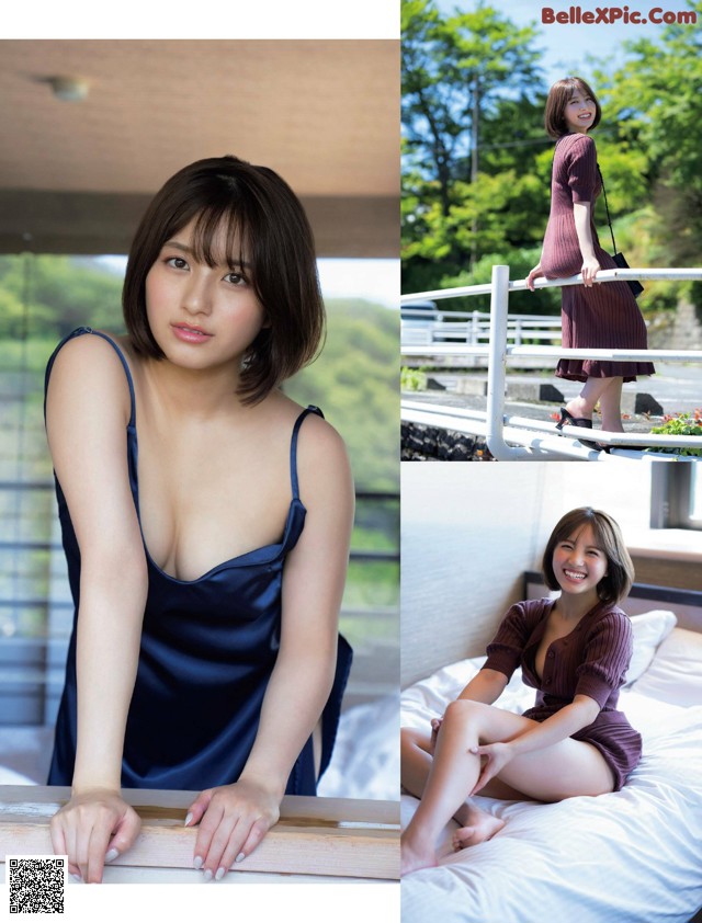 A woman in a blue dress sitting on a bed.