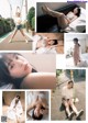 A collage of photos of a woman laying on a bed.