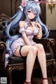 A woman with long blue hair sitting on a chair.