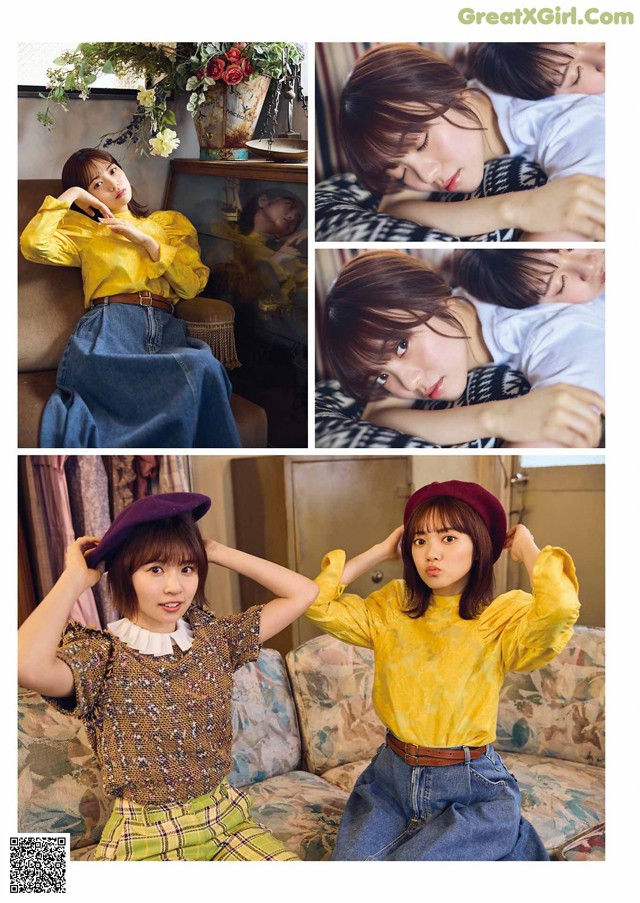 A collage of photos of a woman wearing a yellow shirt and blue jeans.